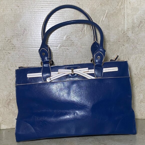 Liz Claiborne Handbags - Vtg Liz Claiborne Blue Faux Leather Handbag With White Accent Bow & Dual Handles